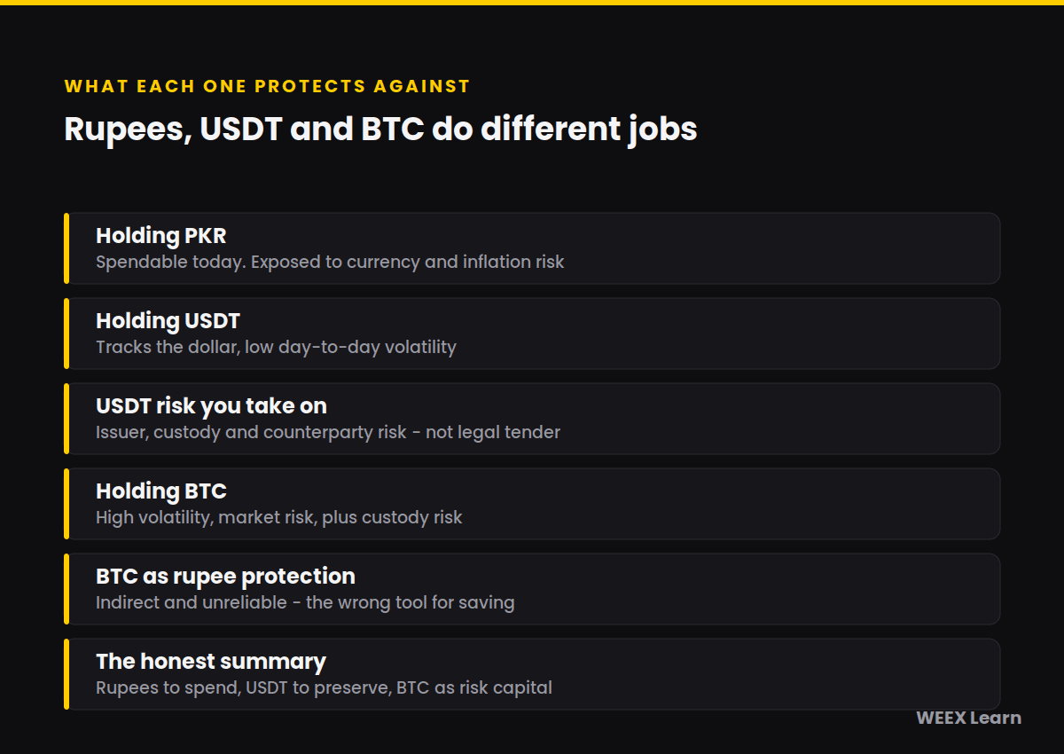 Trzymanie PKR w porównaniu z USDT i BTC w Pakistanie oraz przed czym chroni każde aktywo