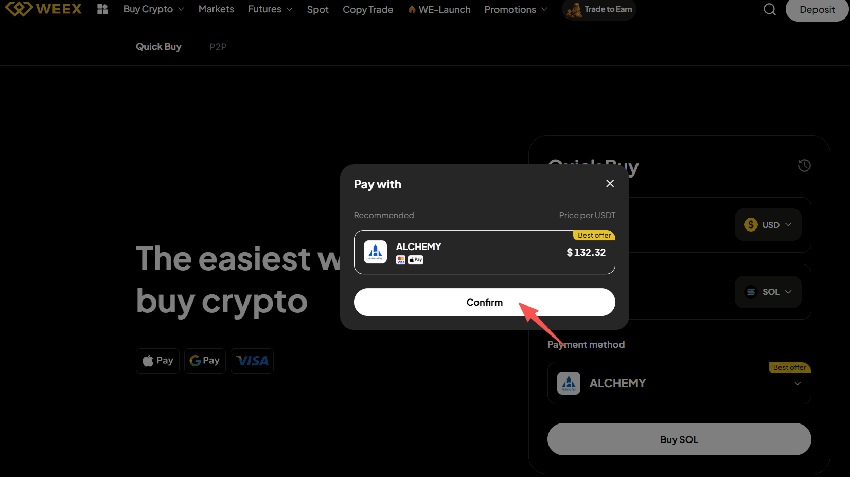 Paso 2: ¿Cómo comprar SOL con USD en WEEX OTC? Versión web