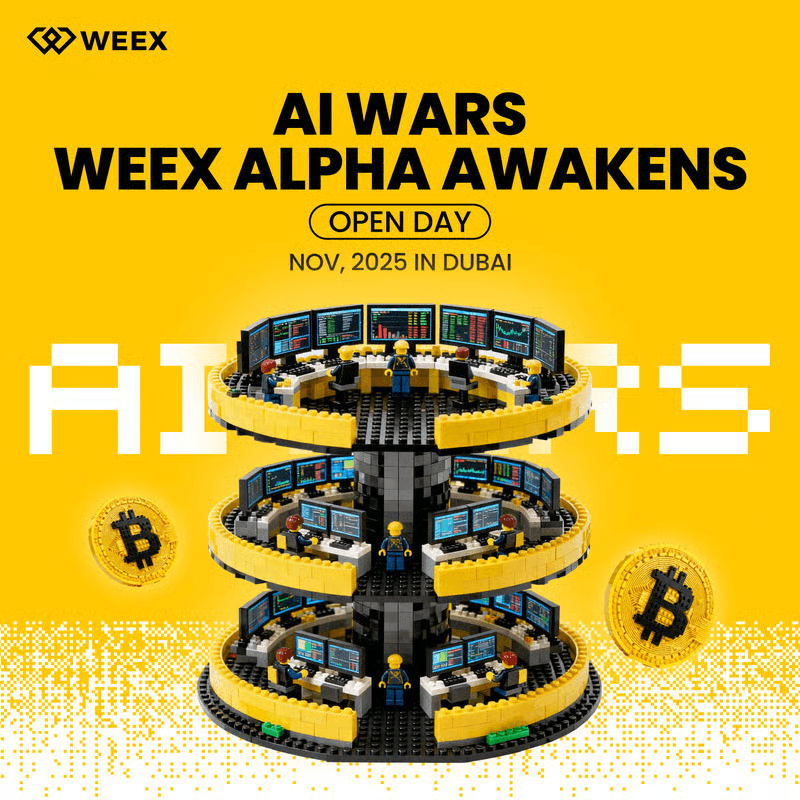 Póster del evento 'AI Wars – WEEX Alpha Awakens' con exchange de trading LEGO, muchos monitores y símbolos de Bitcoin, anuncio para noviembre de 2025 en Dubái.