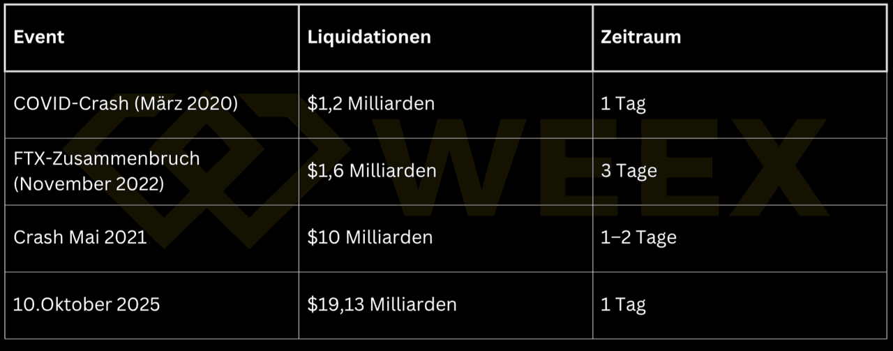 La tabla compara las liquidaciones durante los principales crashes del mercado: crash COVID 2020 – 1.2 mil millones, colapso FTX 2022 – 1.6 mil millones, crash mayo 2021 – 10 mil millones, y 10 de octubre de 2025 – récord con 19.13 mil millones en un día.
