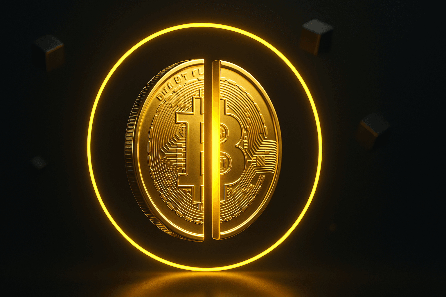 Símbolo de Bitcoin dorado con gráfico de halving brillante, representación del halving de Bitcoin como un evento de shock de oferta en el mercado cripto.
