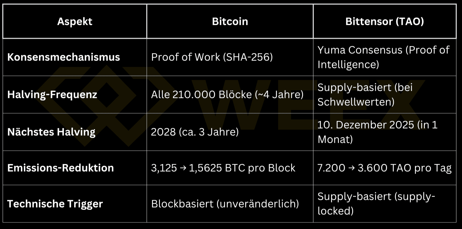 Bitcoin se reduce a la mitad según los bloques cada ~4 años, Bittensor se reduce a la mitad según el suministro en umbrales. Próximo halving de TAO: 10 de diciembre de 2025. Ambos reducen sus emisiones en aproximadamente un 50%.