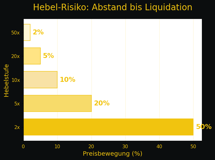 Diagram shows how risk increases with higher leverage: at 2x leverage, 50% price movement to liquidation is possible, at 5x = 20%, 10x = 10%, 20x = 5%, 50x = 2%.
