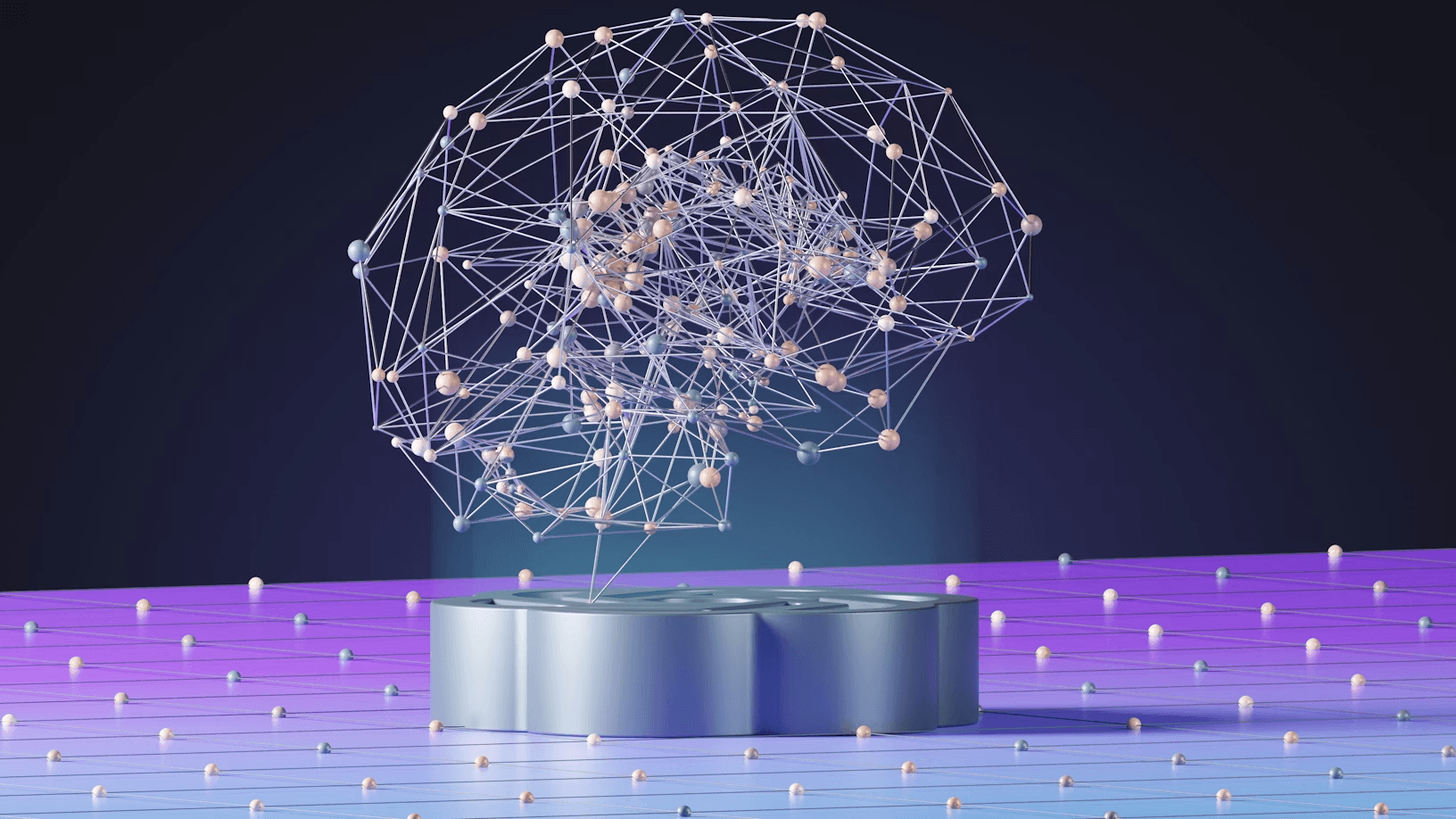 Visualización 3D abstracta de una red neuronal en forma de cerebro sobre un pedestal, símbolo de inteligencia artificial, redes de datos y aprendizaje automático.