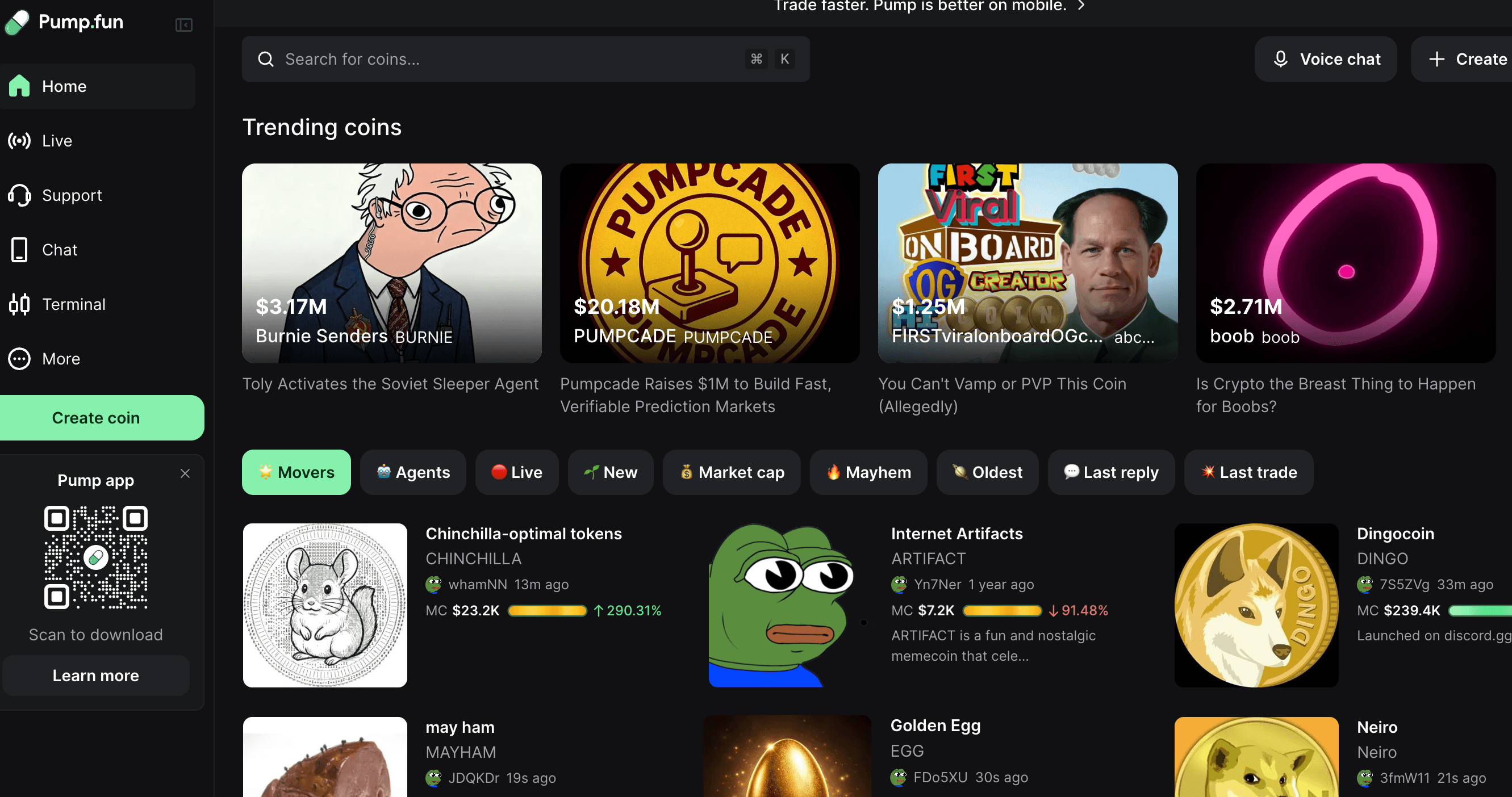 Pump.fun dashboard que muestra monedas de meme de tendencia, tapas de mercado e interfaz de usuario con listados de monedas y filtros.