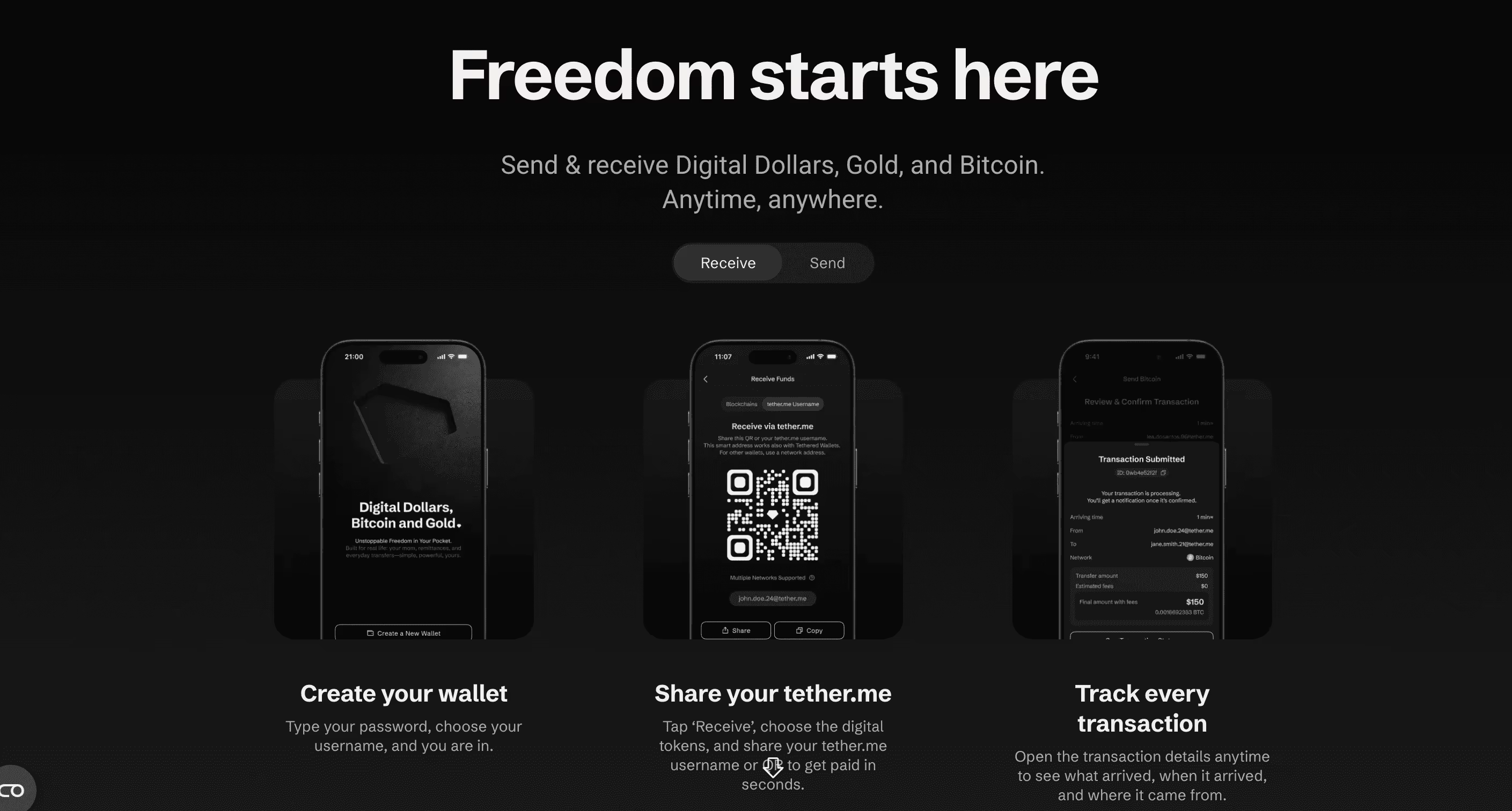 tether.wallet official app interface for sending and receiving USDT, Bitcoin, and digital dollars