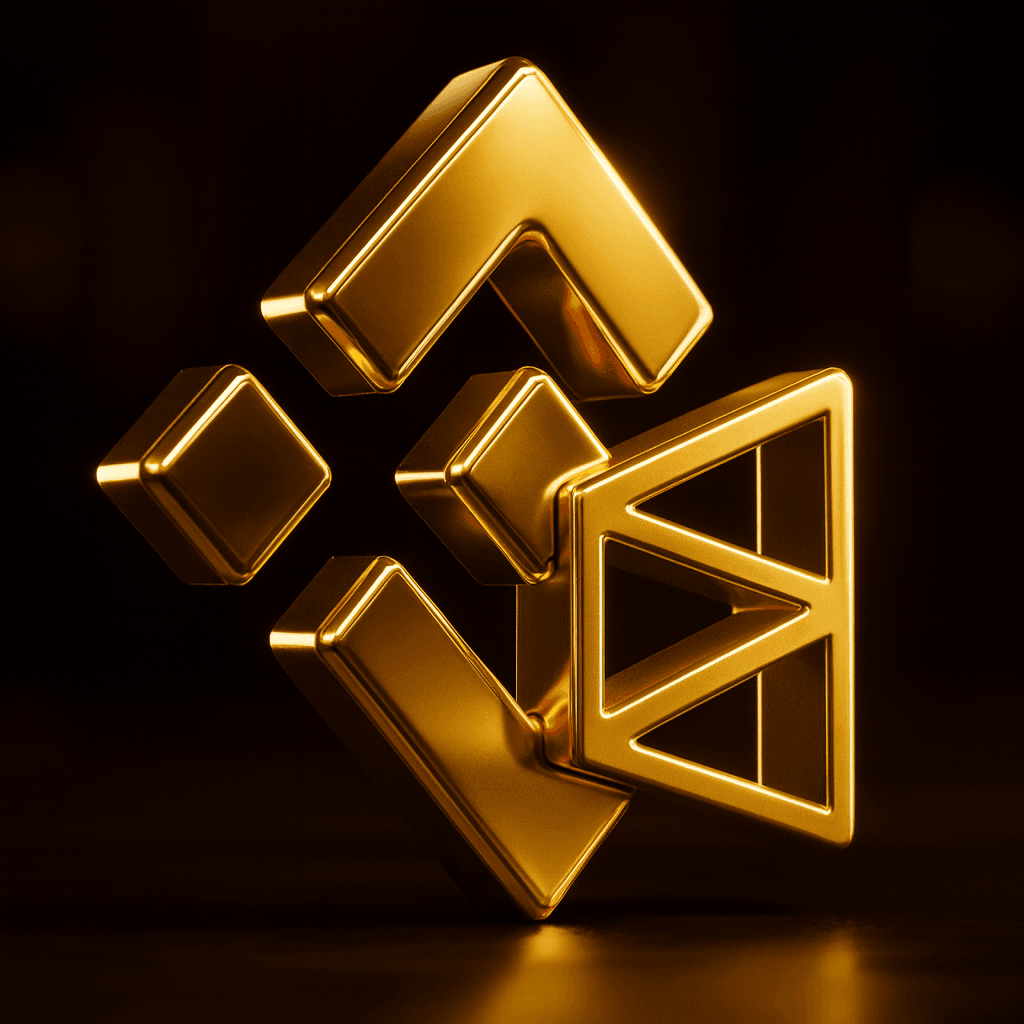 暗い背景に並んだBinanceとPolymarketのゴールドの3Dロゴ。