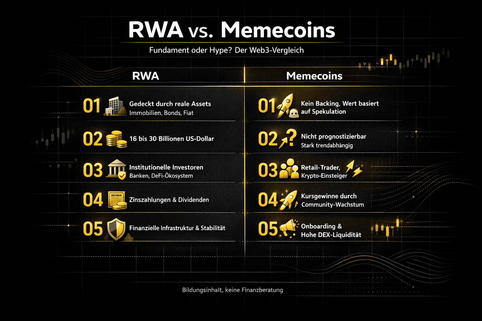 Infografía: RWA vs. Memecoins – Comparación Web3 en 5 puntos (cobertura por activos reales vs. especulación, tamaño del mercado vs. dependencia de tendencias).