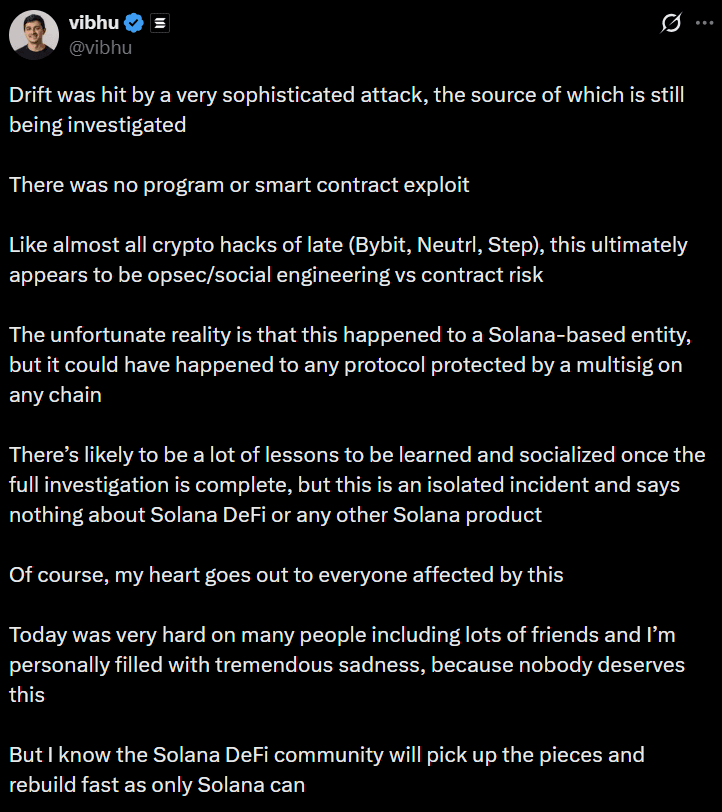 Captura de pantalla de un tweet de @vibhu sobre un ataque hacker a Drift: no es un exploit de contrato inteligente, sino ingeniería social.
