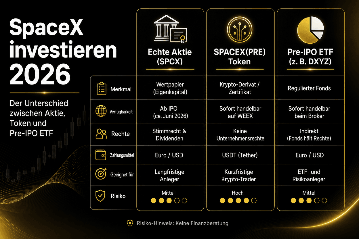 Comparación SpaceX 2026: Acciones (SPCX) vs. token SPACEX(PRE) vs. ETF pre-IPO. Derechos, disponibilidad, idoneidad y riesgos.