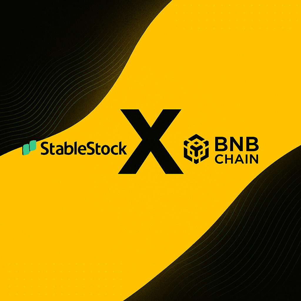 黄色と黒の背景に大きな「X」が描かれたStableStockとBNB Chainのロゴ。ブロックチェーンセクターにおける戦略的パートナーシップの象徴。