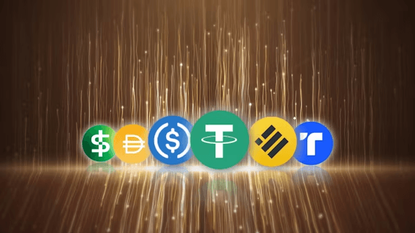 Iconos de stablecoins líderes como USDC, EURC, USD, Tether y Binance ante una luz dorada, símbolo de stablecoins, pagos cripto y ecosistema financiero digital.