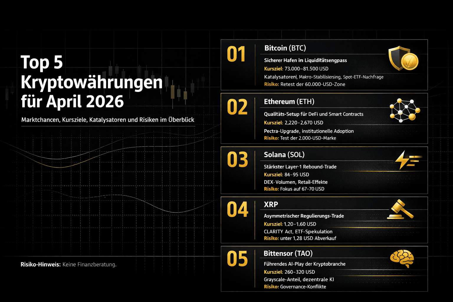 Ranking: Top 5 criptomonedas para abril de 2026 (Bitcoin, Ethereum, Solana, XRP, Bittensor) con oportunidades de mercado, objetivos de precio, catalizadores y riesgos.