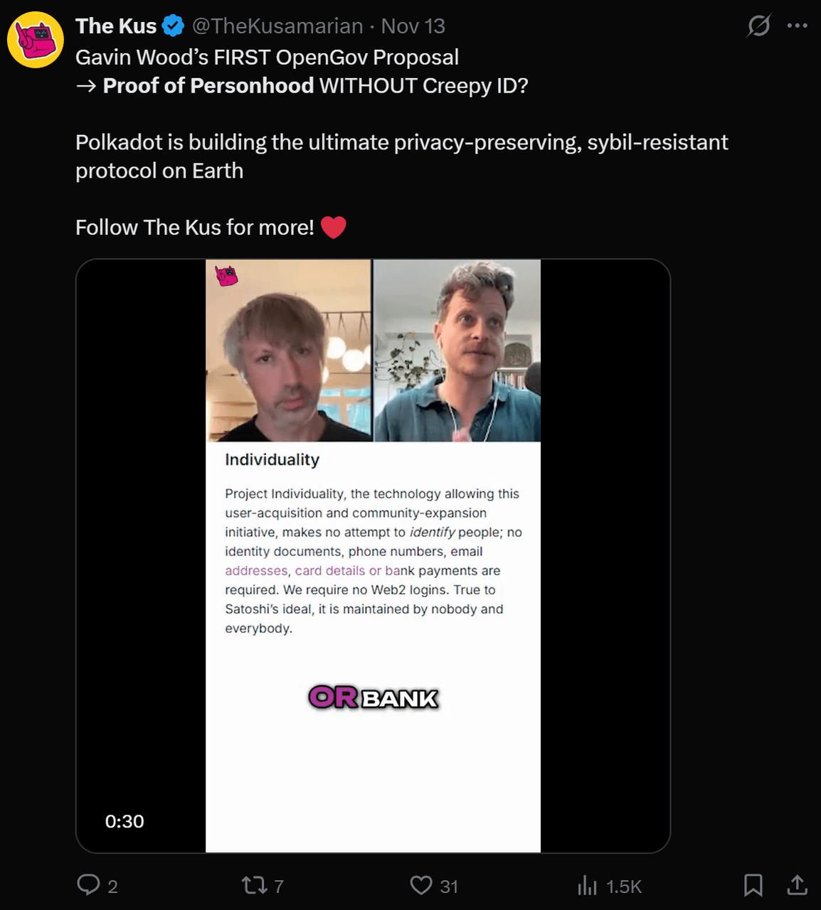 Tweet sobre la propuesta de Gavin Wood para 'Proof of Personhood' sin ID. Dos oradores en una videollamada, enfoque en la privacidad y la resistencia Sybil en Polkadot.
