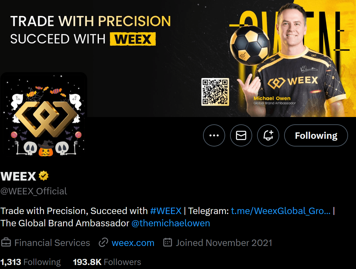 Perfil de Twitter de WEEX con Michael Owen con la camiseta de WEEX y el eslogan “Trade with Precision, Succeed with WEEX”. El perfil muestra 193,8 mil seguidores.