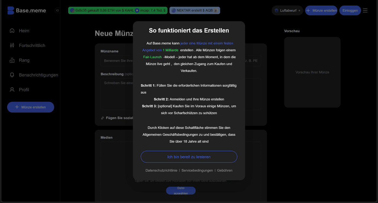 Base.memeのポップアップ。10億枚の供給量とフェアローンチモデルでの新しいコイン作成について説明しています。