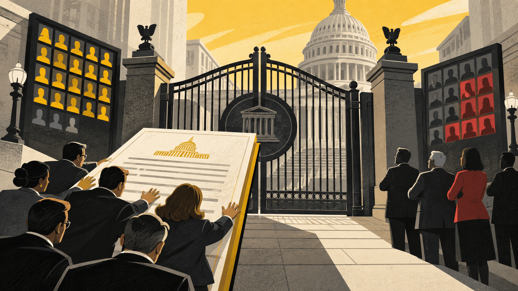 Editorial illustration of a crypto market-structure bill stopped at a Senate procedural gate despite support on one side