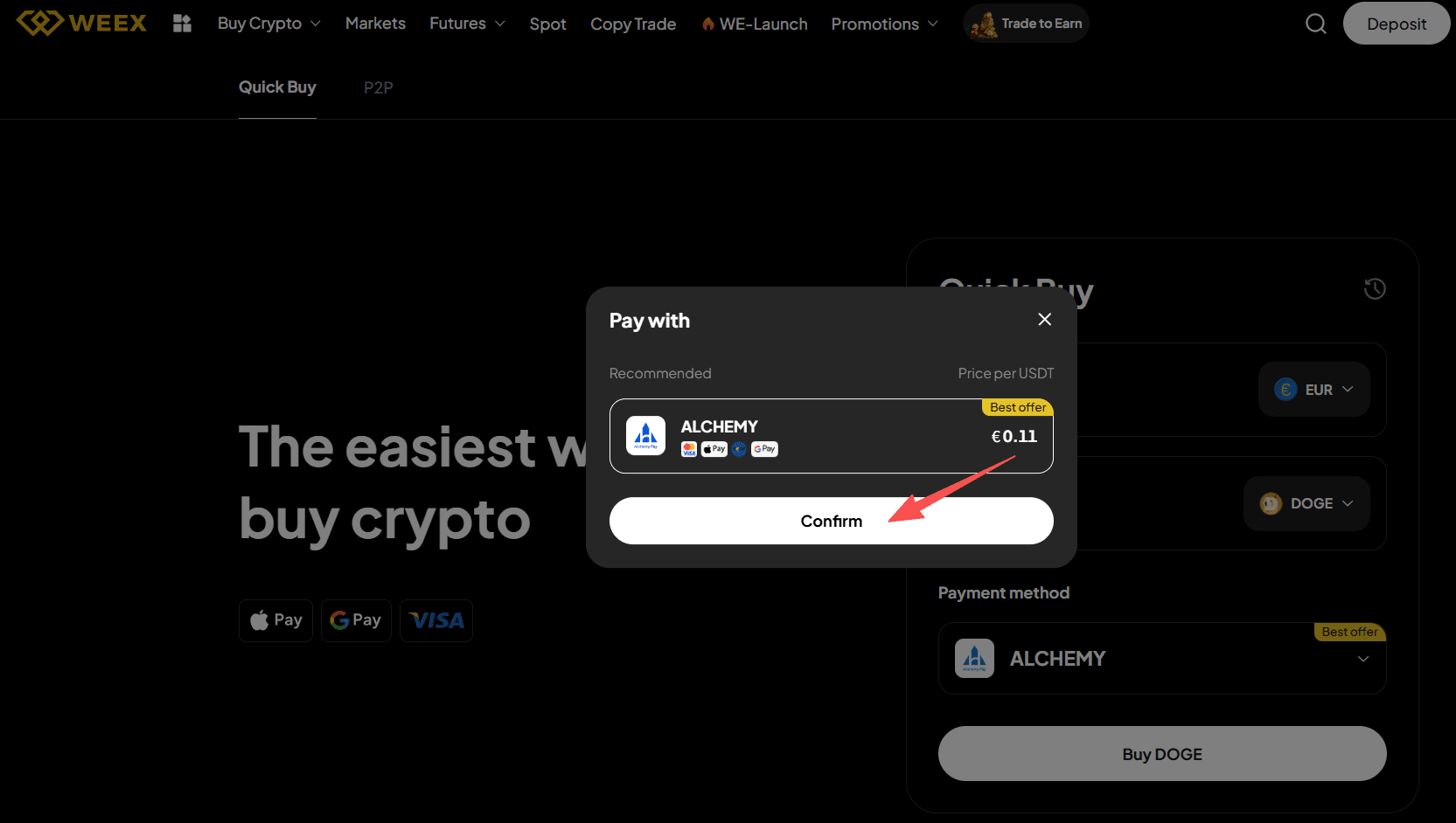 Paso 2: ¿Cómo comprar DOGE con EUR en WEEX?Versión web
