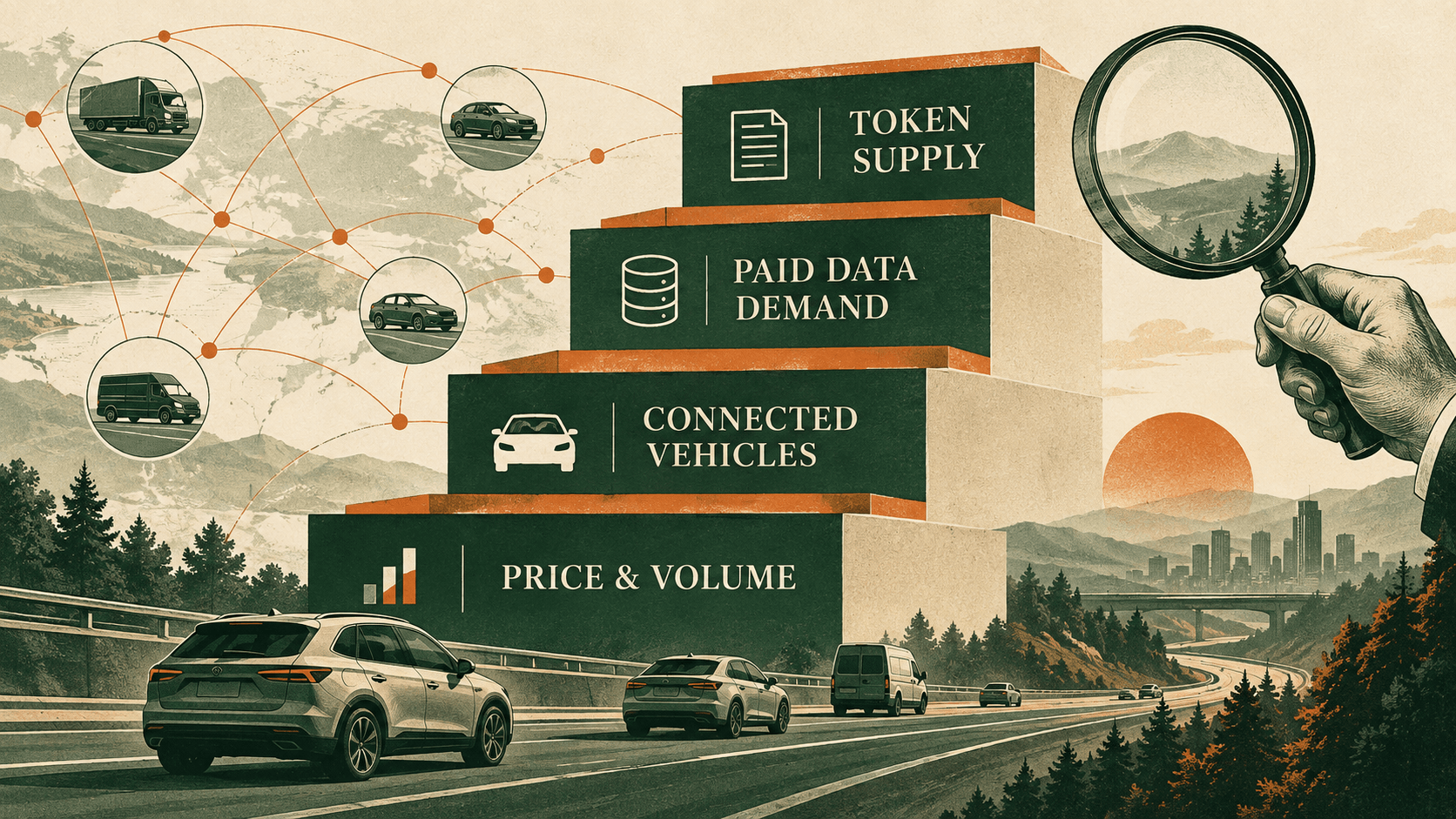 DIMO research ladder comparing price and volume, connected vehicles, paid data demand, and token supply