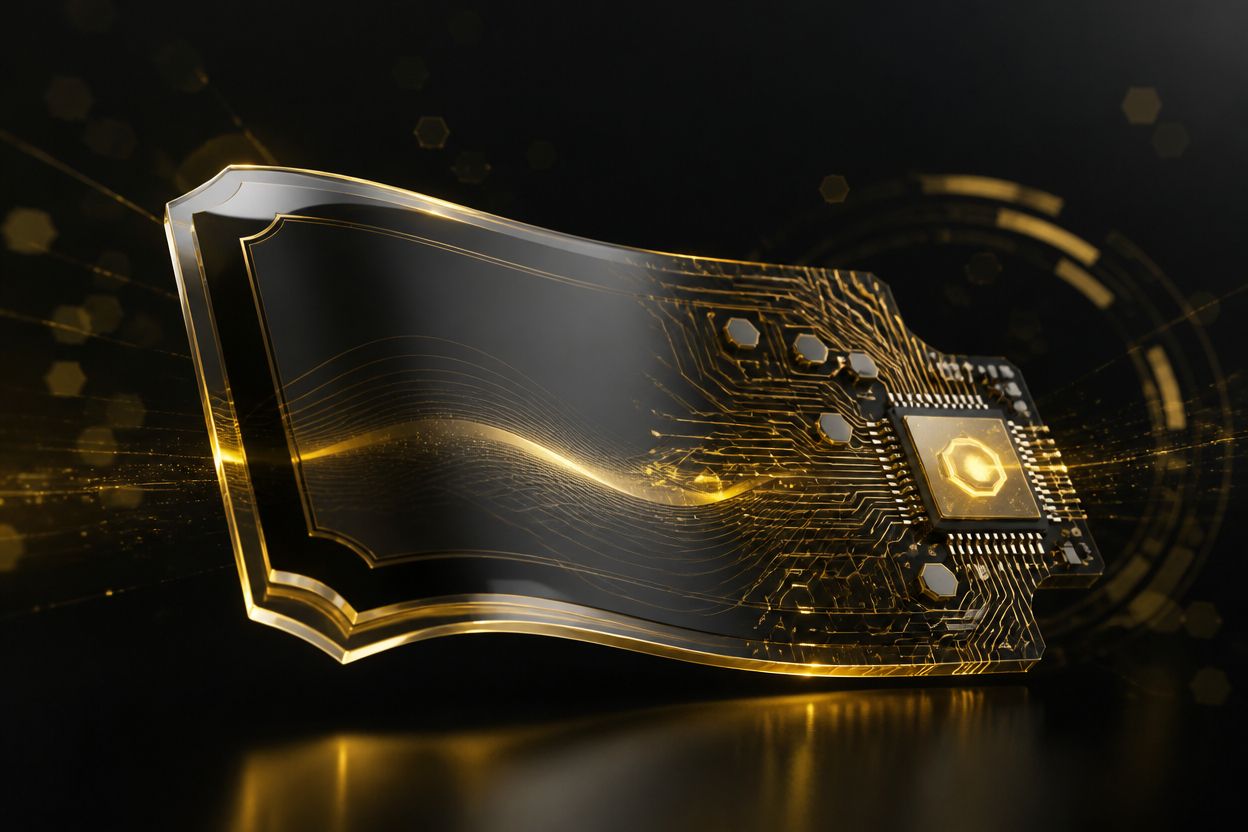 Futuristische, geschwungene Glasplatte mit integrierten, leuchtend goldenen Leiterbahnen und einem zentralen Mikrochip auf dunklem Hintergrund.