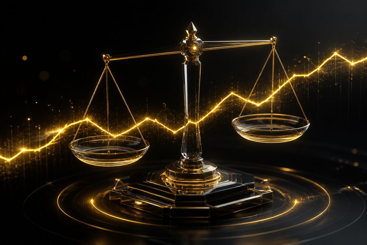 Goldene Justitia-Waage aus Glas auf dunklem Sockel, hinterfangen von einer leuchtenden Aufwaerts-Kurve, die Wachstum und Ausgleich symbolisiert.