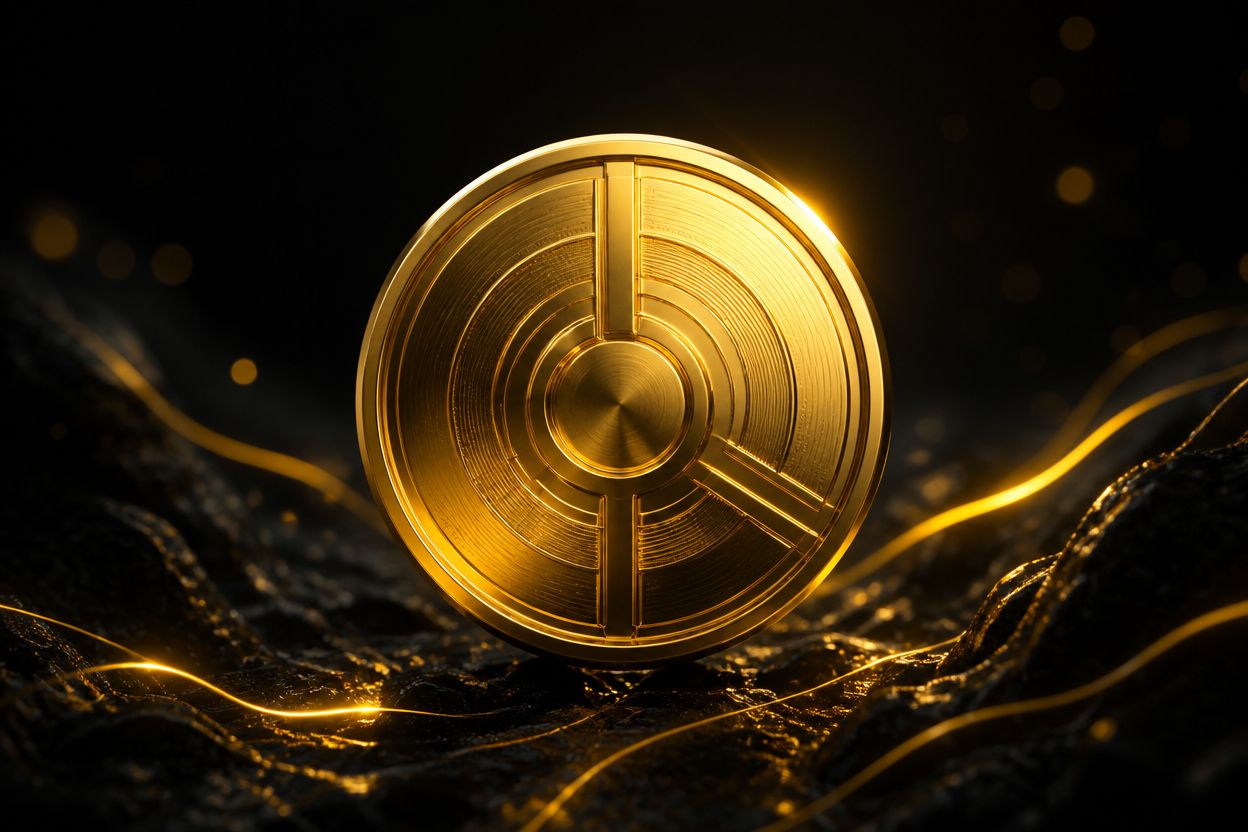 Goldene Kryptowaehrungs-Muenze mit grafischem Kreisdiagramm-Muster, leuchtend auf dunkler, strukturierter Oberflaeche mit goldenen Lichtlinien.