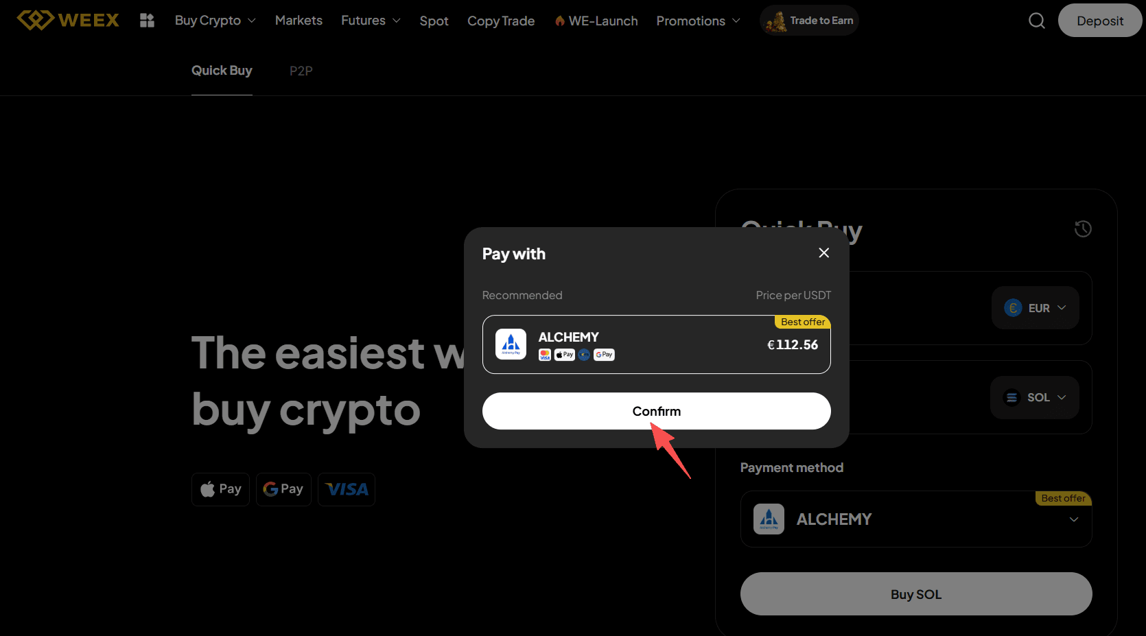 Paso 2: ¿Cómo comprar SOL con EUR en WEEX? Versión web
