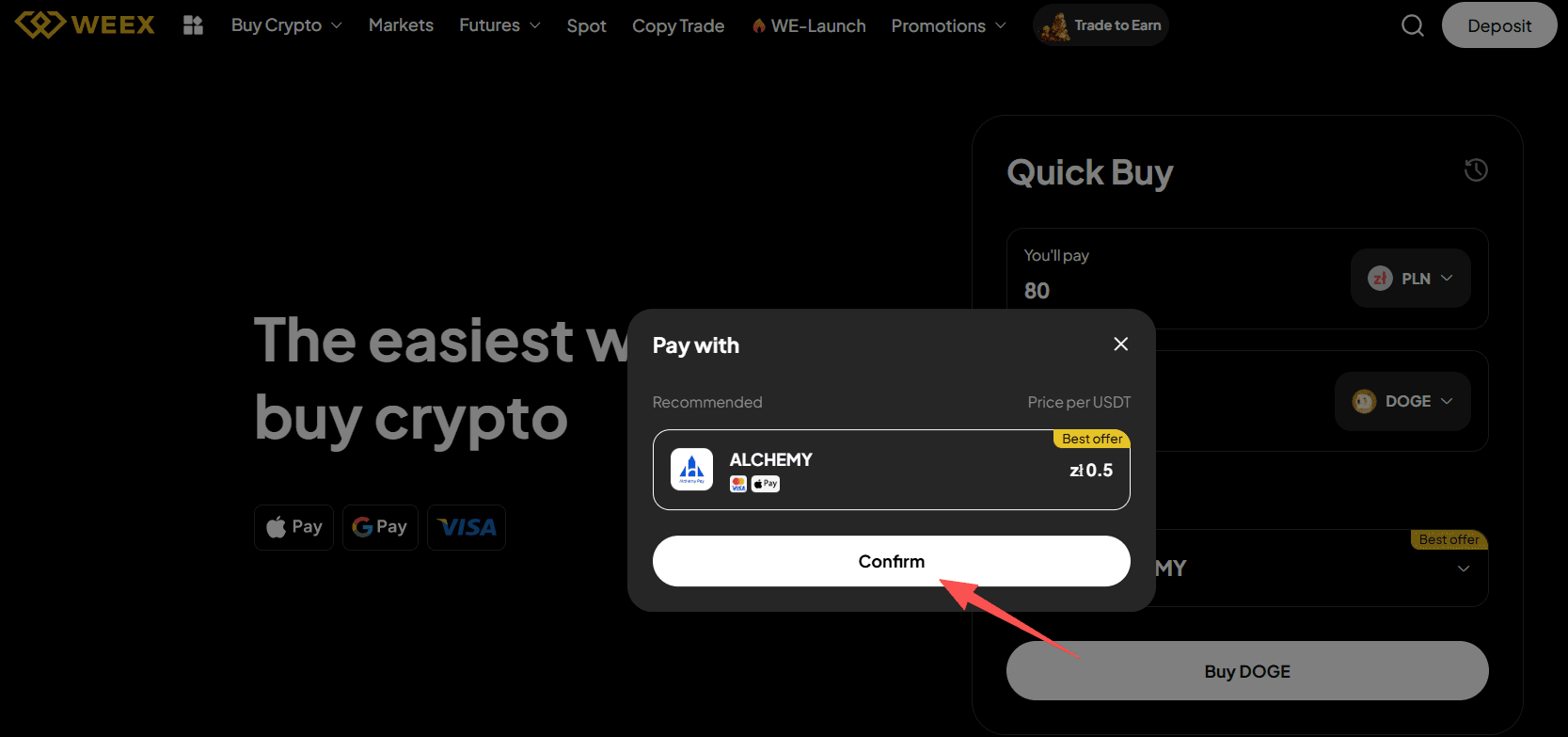 Paso 2: ¿Cómo comprar DOGE con PLN en WEEX OTC? Versión web