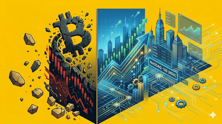 لماذا ينخفض سعر البيتكوين بنسبة 15% بينما يسجل مؤشر ناسداك مستويات قياسية؟