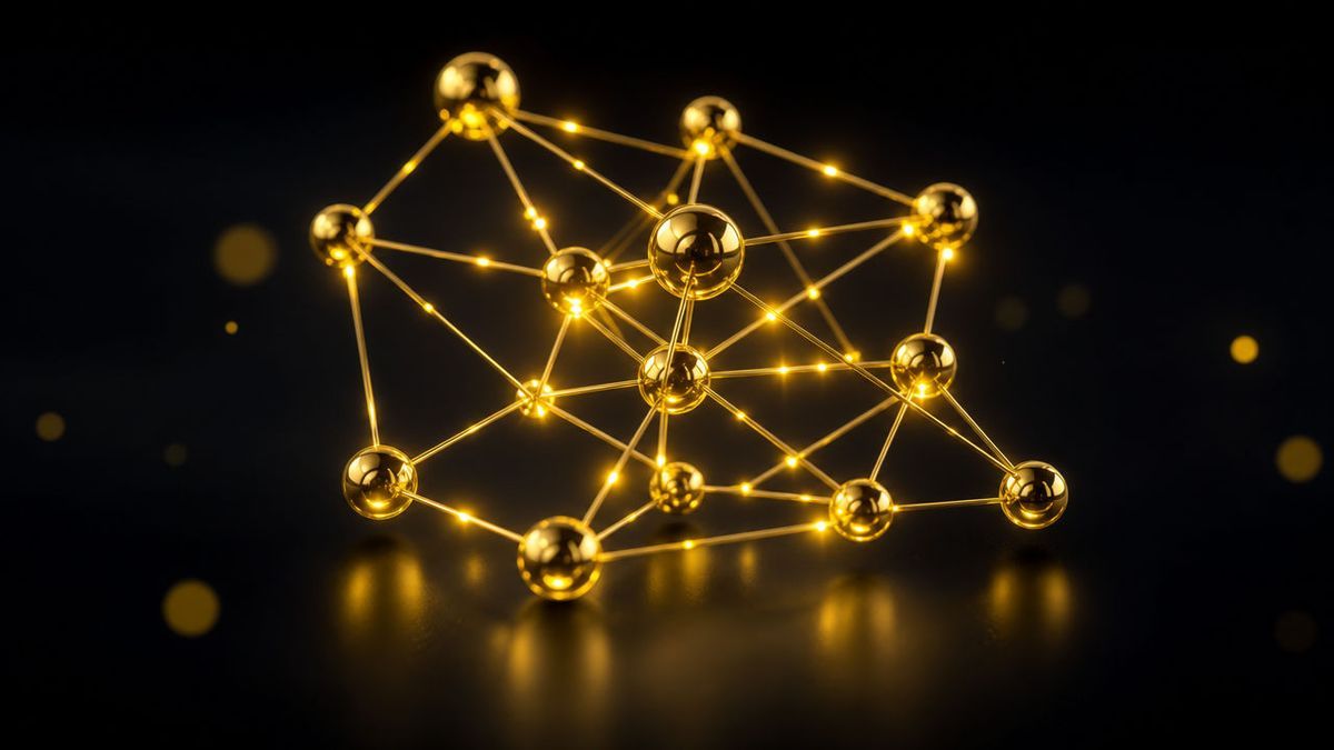 Glänzendes 3D-Neuronen-Netzwerk aus goldenen Knoten und Verbindungslinien mit gelbem Glow auf tiefdunklem Hintergrund