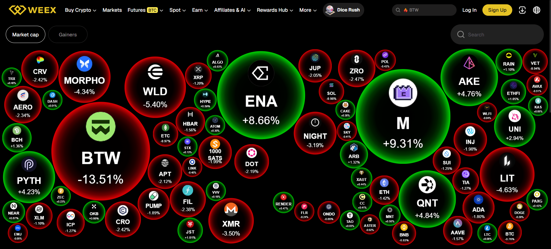 WEEX crypto bubbles interface showing market views, asset symbols, and percentage price changes.